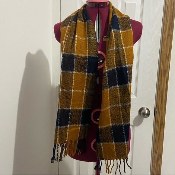 Unisex brown blue and white fringe hem wool scarf. Used. - Picture 2 of 7